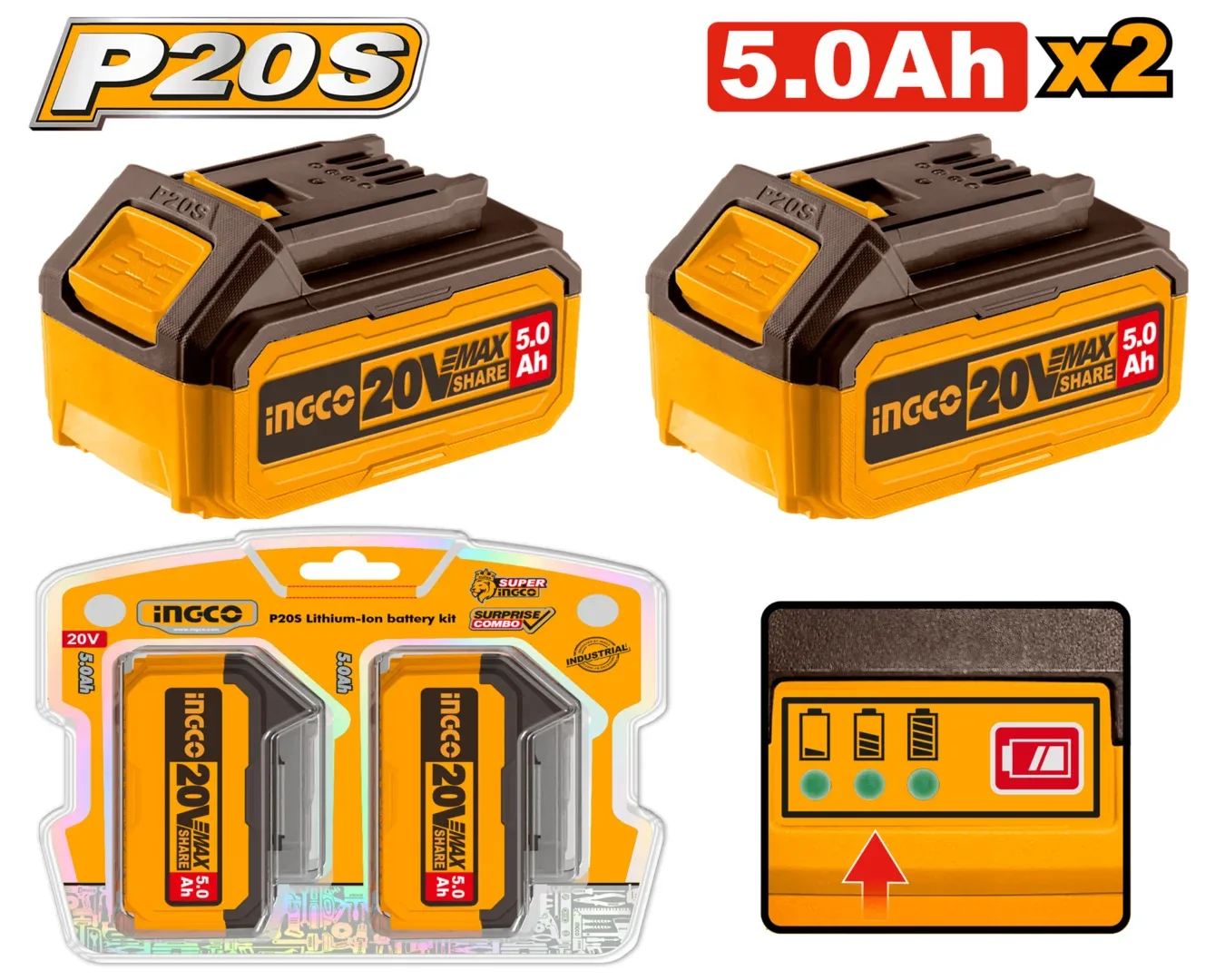 50611.webp Set acumulatoare 2*5.0 Ah 20V INGCO COSLI240464 — изображение 1
