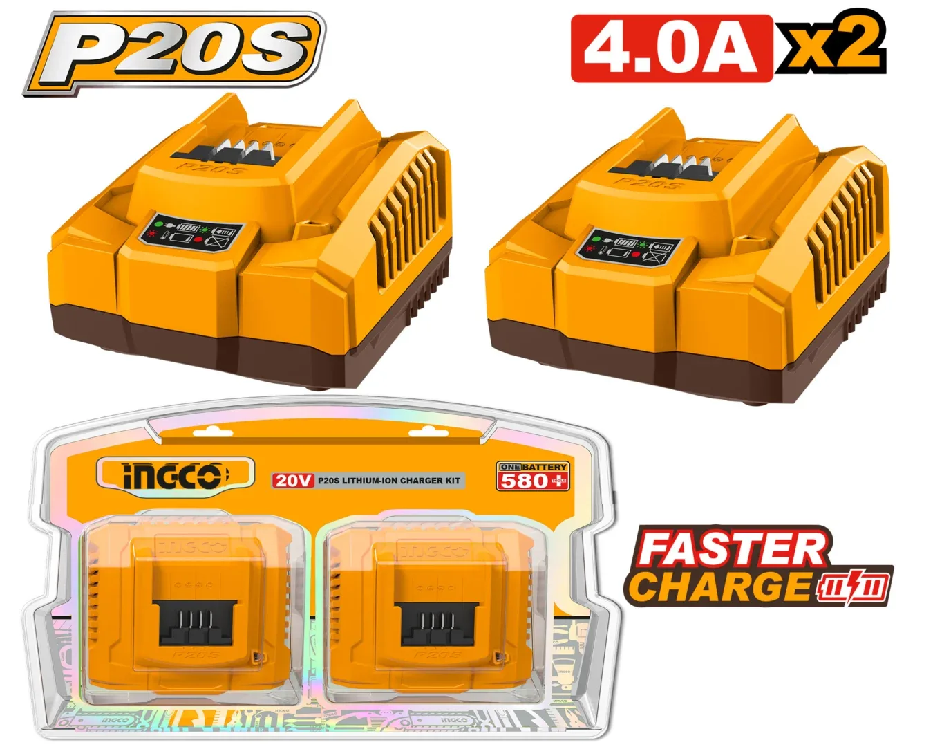 50612.webp Set încărcătoare 2*4.0 Ah INGCO COSLI250388 - imagine 1