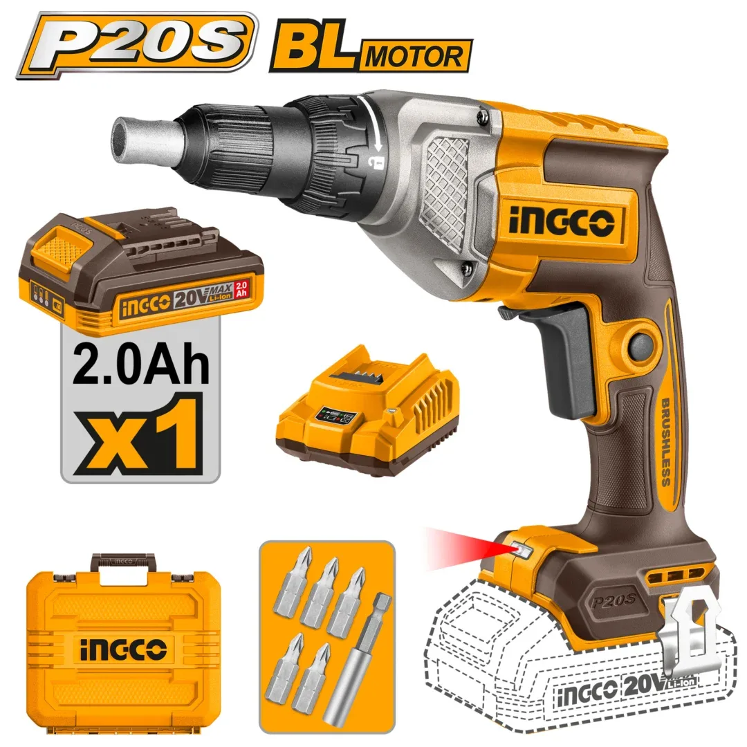 51741.webp Mașină de înșurubat pentru gips cu acumulator 20V/1*2.0Ah INDUSTRIAL INGCO CDSLI204281 - imagine 1