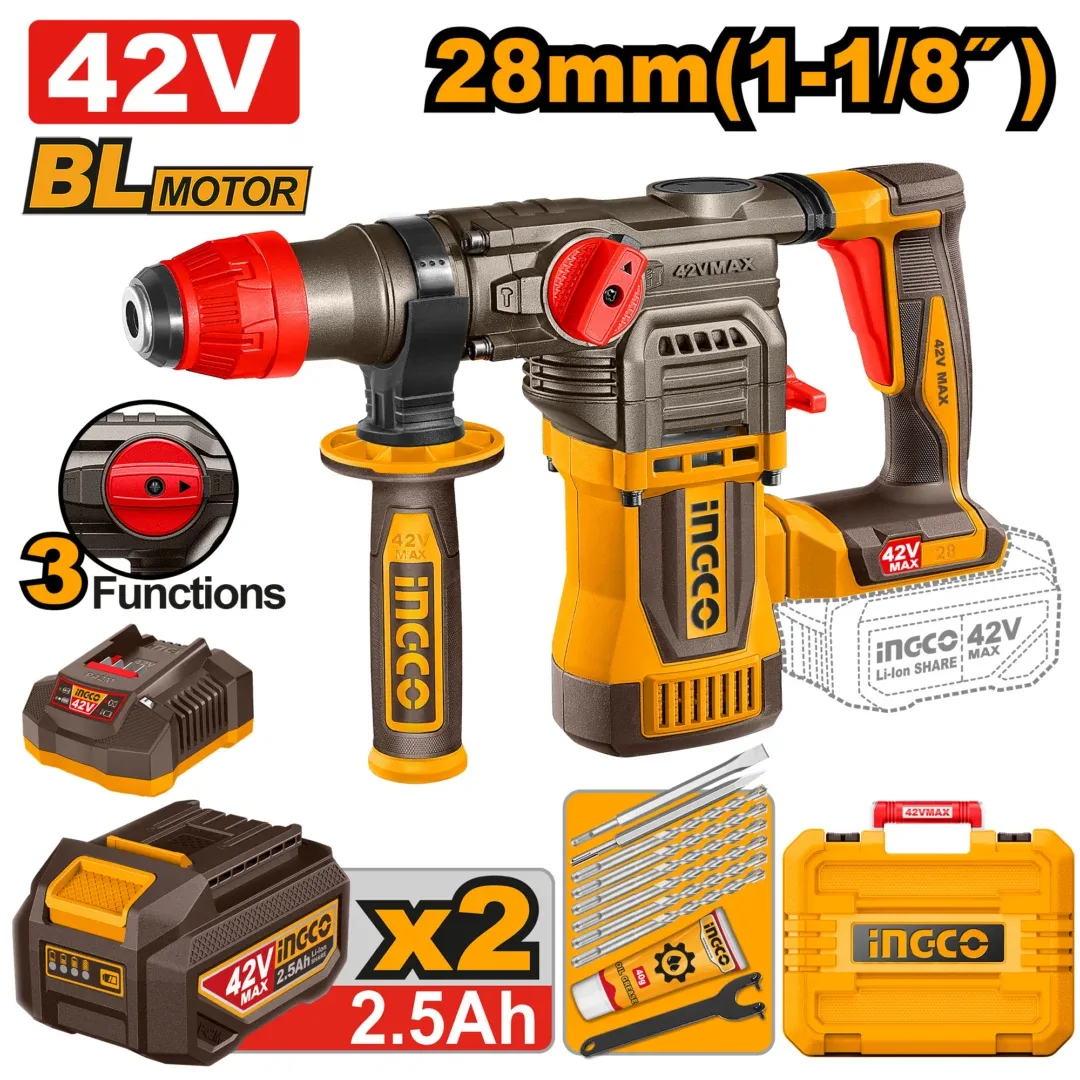 51877.webp Ciocan rotopercutor 28mm cu acumulator 42V/2*2.5Ah INGCO CRHLI422882 - imagine 1