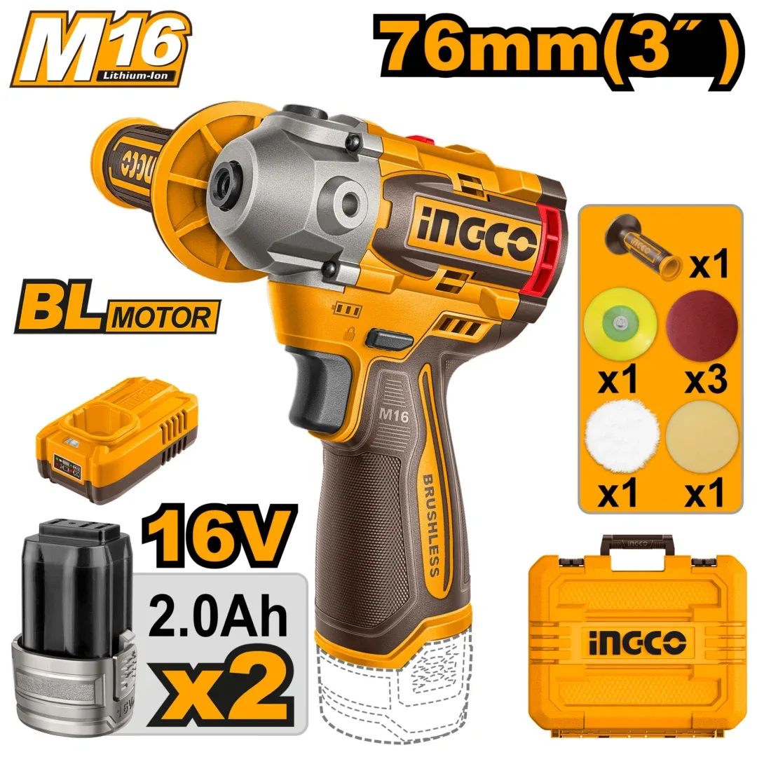 51878.webp Masina de lustruit 76mm cu acumulator 16V/2*2.0Ah INGCO APLI1676 — изображение 1