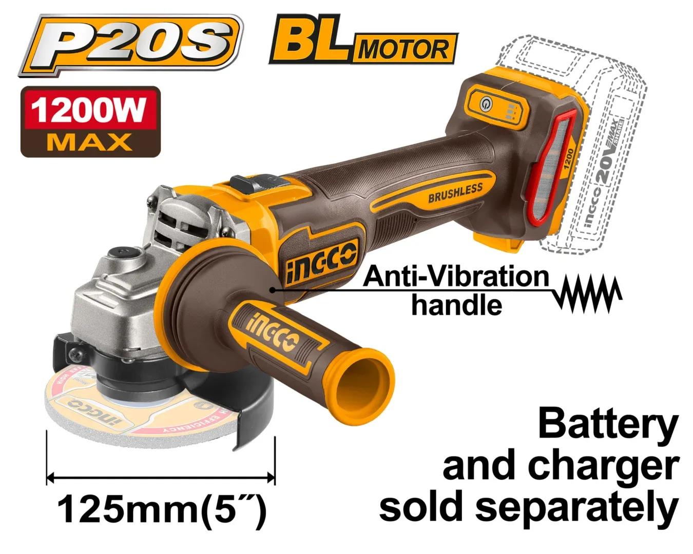 52450.webp Polizor unghiular compatibil cu acumulator 125mm 1200W INGCO CAGLI212027 — изображение 1