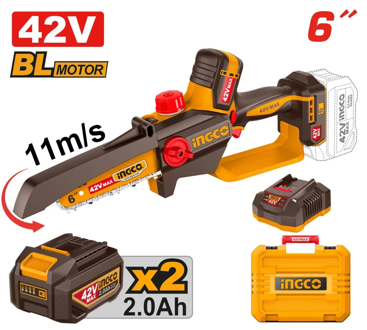 52856.webp Ferestrau cu lant 6"(15cm) cu acumulator 42V/2*2.0Ah INDUSTRIAL INGCO CGSLI42681 - imagine 1