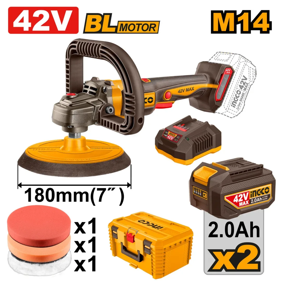 52913.webp Masina de lustruit 180mm cu acumulator 42V/2*2.0Ah INGCO APLI42182 - imagine 1