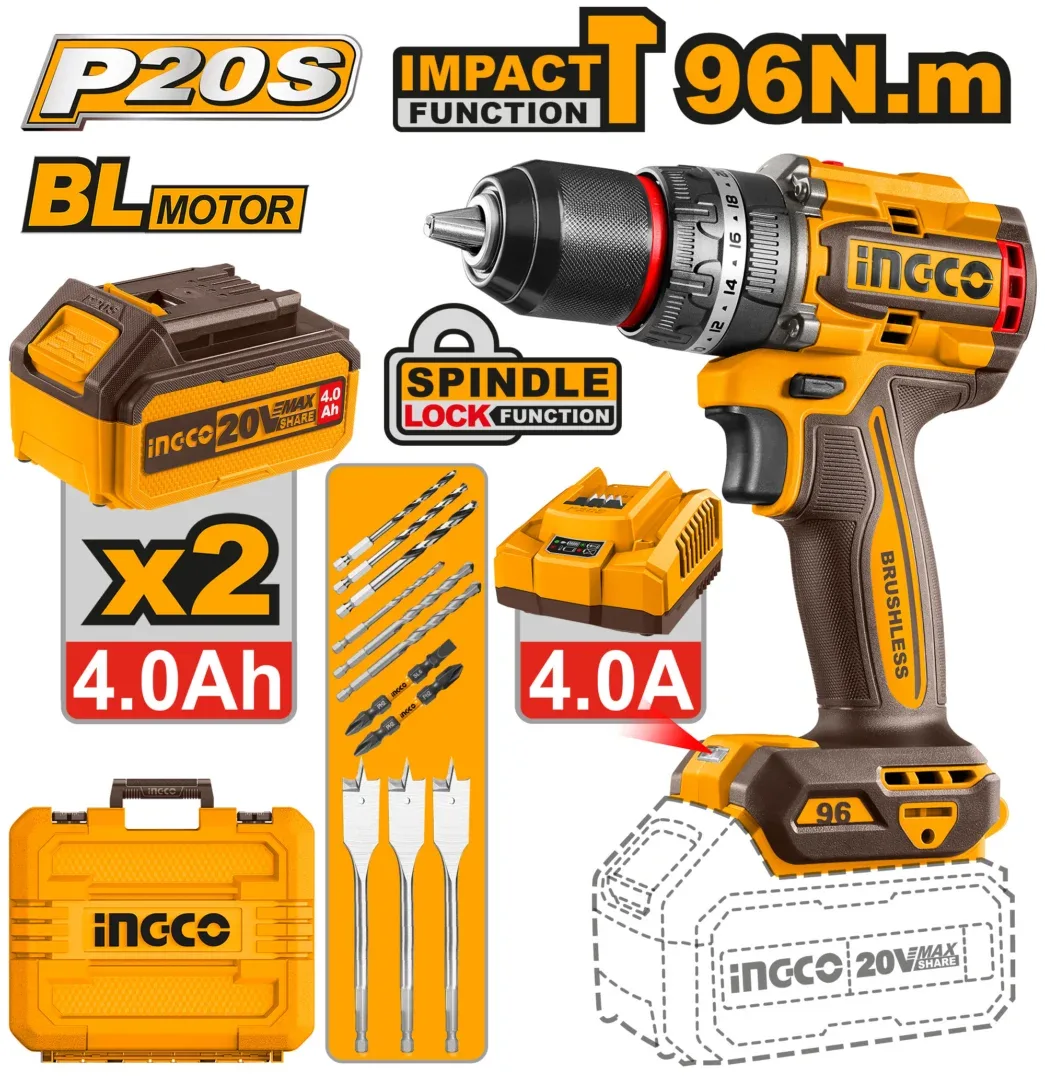 50136.webp Mașină de înșurubat și găurit cu impact pe acumulator 2*4,0Ah 96N.m INGCO CIDLI20968 - imagine 1