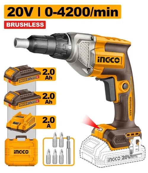 53695.webp Mașină de înșurubat pentru gips cu acumulator 20V/2*2.0Ah INDUSTRIAL INGCO CDSLI204282 - imagine 1