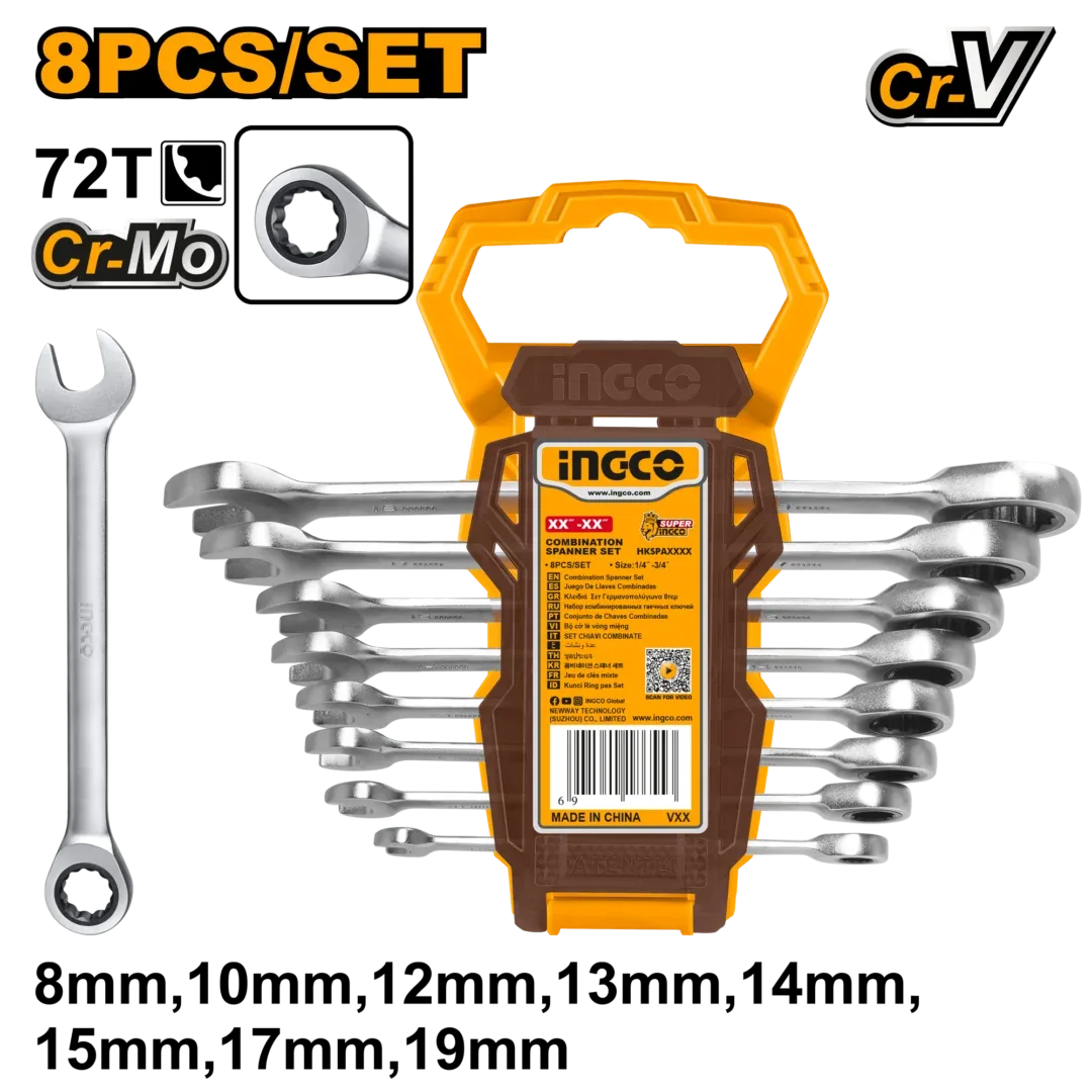 43976-1.webp Set chei combinate cu clinchet 8 buc 8-19mm INGCO HKSPAR1082 - imagine 1