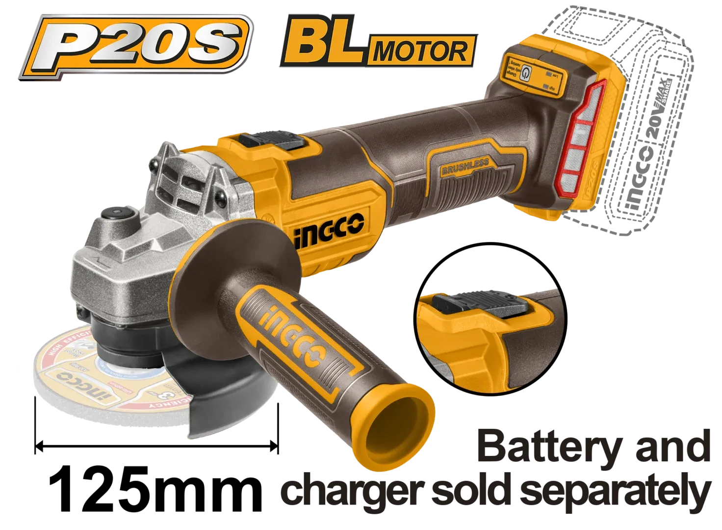 48226.webp Polizor unghiular compatibil cu acumulator BLmotor 20V 125mm INGCO CAGLI201258 - imagine 1