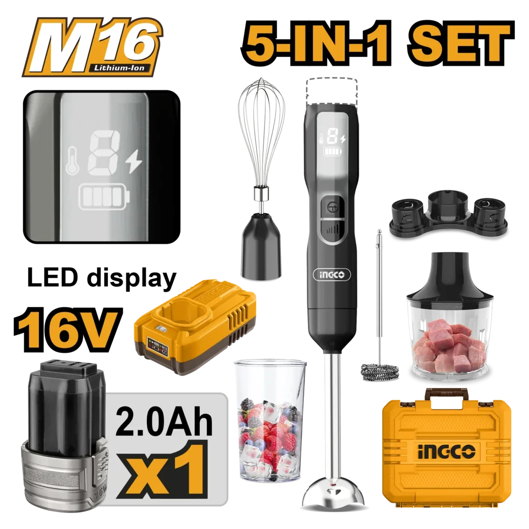 49131-1.webp Blender de mână 5 în 1 pe acumulator 100W 16V INGCO CHB056K - imagine 1