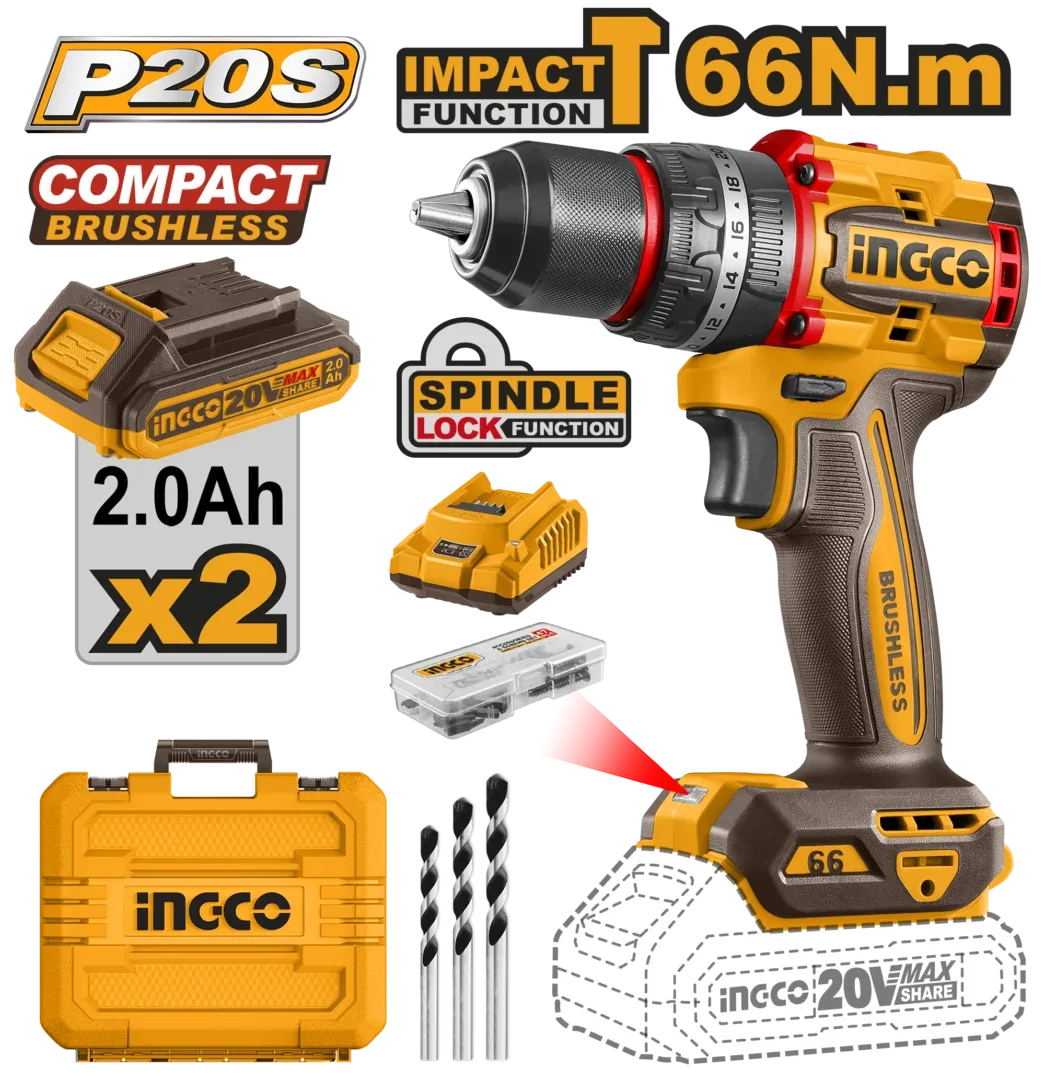 49365.webp Masina de insurubat si gaurit cu impact cu acumulator 20V/2*2Ah 66N.m INGCO CIDLI20668 - imagine 1