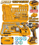 Гайковёрт аккумуляторный ударный 550N.m 1*4A+Набор комбинированных ключей INGCO HKTHP31521