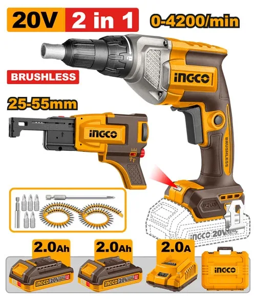 53937.webp Mașină de înșurubat pentru gips cu acumulator 20V/2*2.0Ah INDUSTRIAL INGCO CDSLI204268 - imagine 1