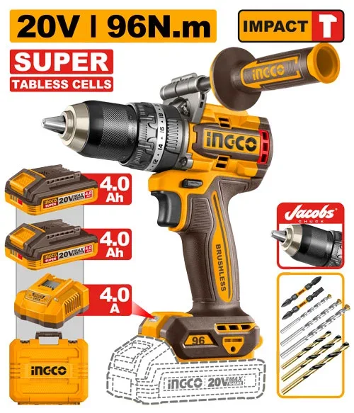 53946.webp Masina de insurubat si gaurit cu impact pe acumulator 96N.m 20V/2*4.0Ah INGCO CIDLI209689 - imagine 1