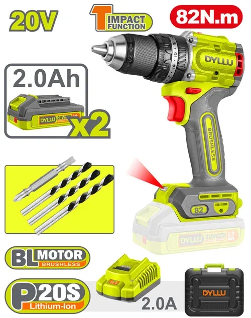 54014.webp Masina de gaurit si insurubat cu acumulator 20V/2*2.0Ah 82N.m DYLLU DTCDP8288 - imagine 1
